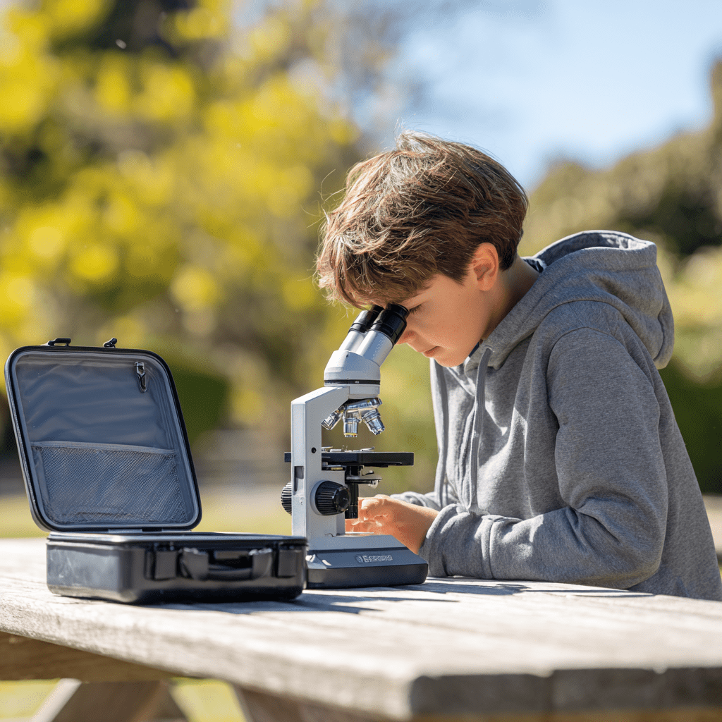 ontdekking met microscoop, jonge onderzoekers met microscoop, innovaties in microscooptechnologie