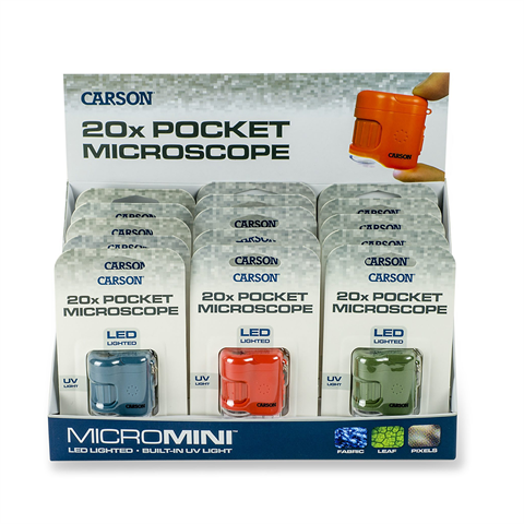 Carson Zakmicroscoop MicroMini 20x met UV en LED, 15 stuks Display