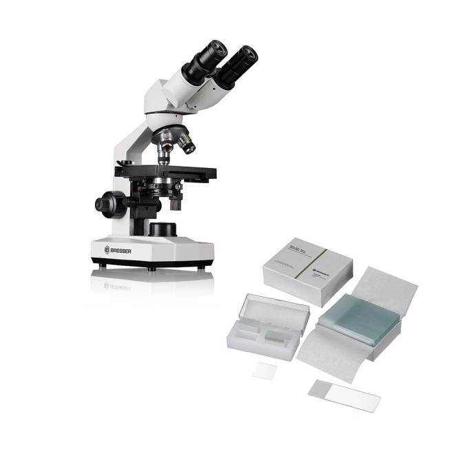BRESSER Microscoop Erudit Basic Bino 40x-400x (23) + gratis BRESSER Set objectglaasjes / dekglaasjes 50/100 gebruiksklaar, met Boro 3.3 dekglaasjes