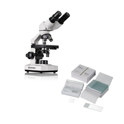 BRESSER Microscoop Erudit Basic Bino 40x-400x (23) + gratis BRESSER Set objectglaasjes / dekglaasjes 50/100 gebruiksklaar, met Boro 3.3 dekglaasjes