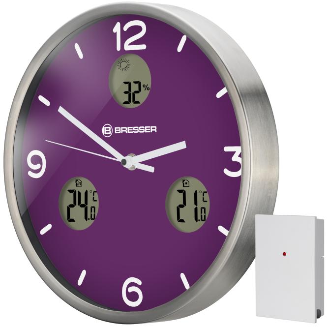 BRESSER MyTime io NX radiografische Wandklok met Meeting van Temperatuur en Luchtvochtigheid - Diameter 30 cm (purple)