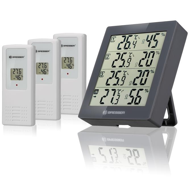 BRESSER ClimaTrend Hygro Quadro - Thermometer en Hygrometer met 4 onafhankelijke Meetgegevens (grijs)